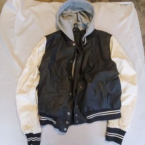 Black and white hooded bomber style jacket